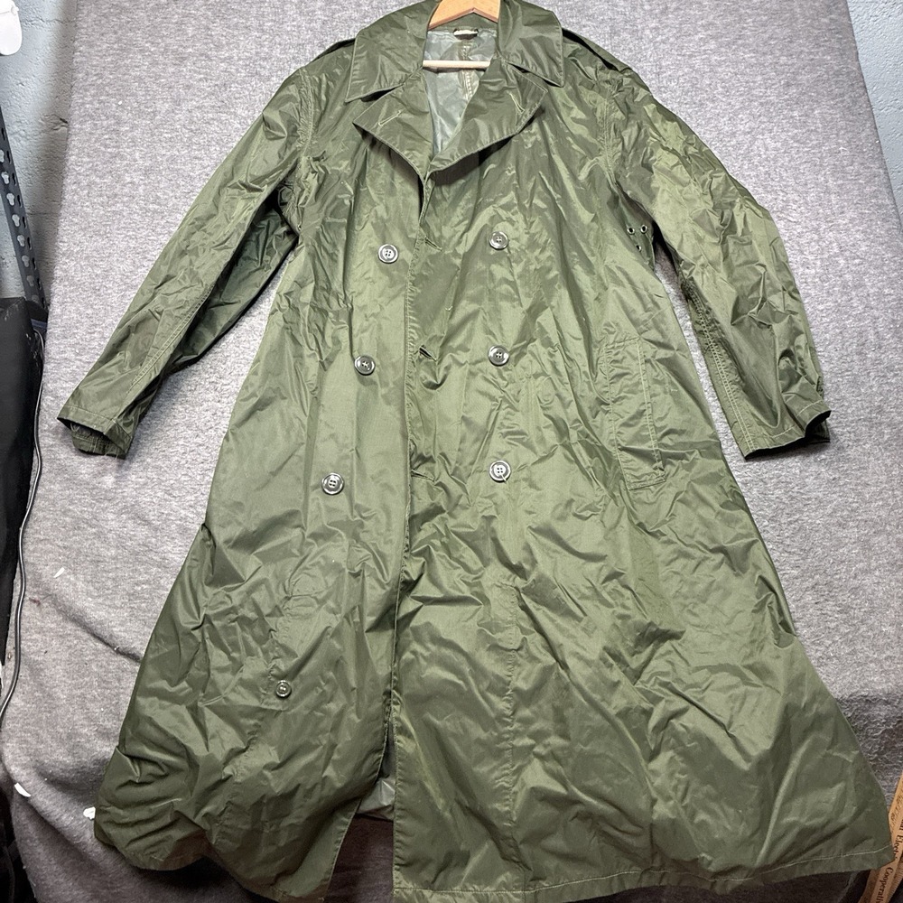 Vtg Military Rubber Coated Nylon Raincoat Trench Rain Jacket 42L Vietnam Era Grn